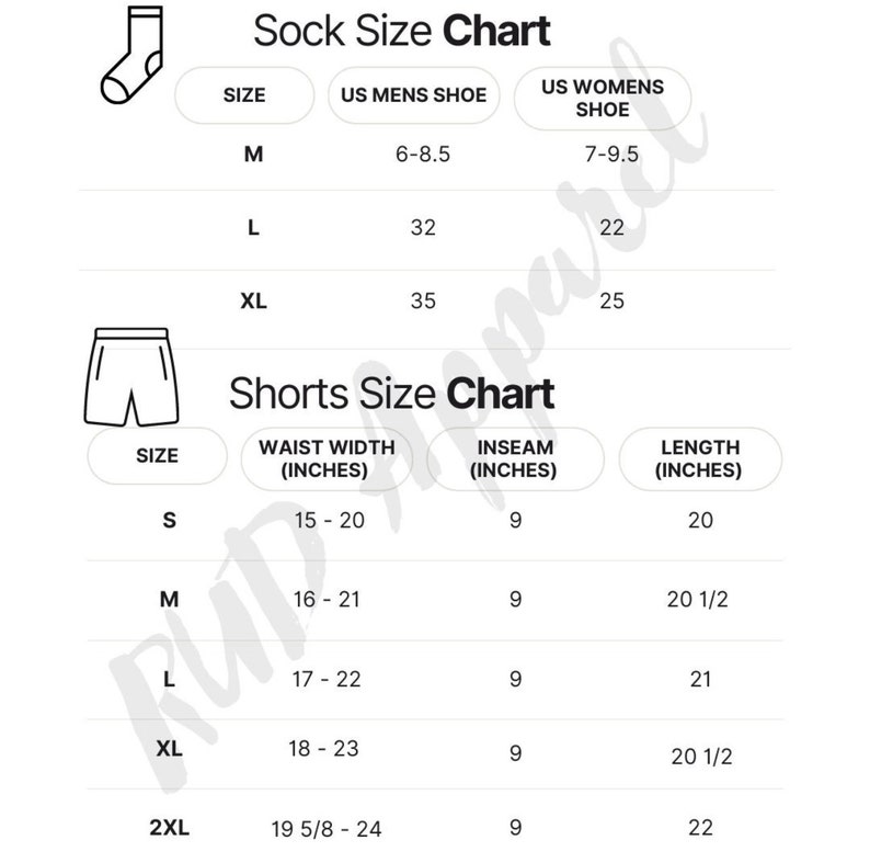 Peut inclure: Tableau des tailles pour chaussettes et shorts avec des mesures en pouces. Le tableau comprend les tailles pour les chaussettes, les shorts, la largeur de la taille, l'entrejambe et la longueur.