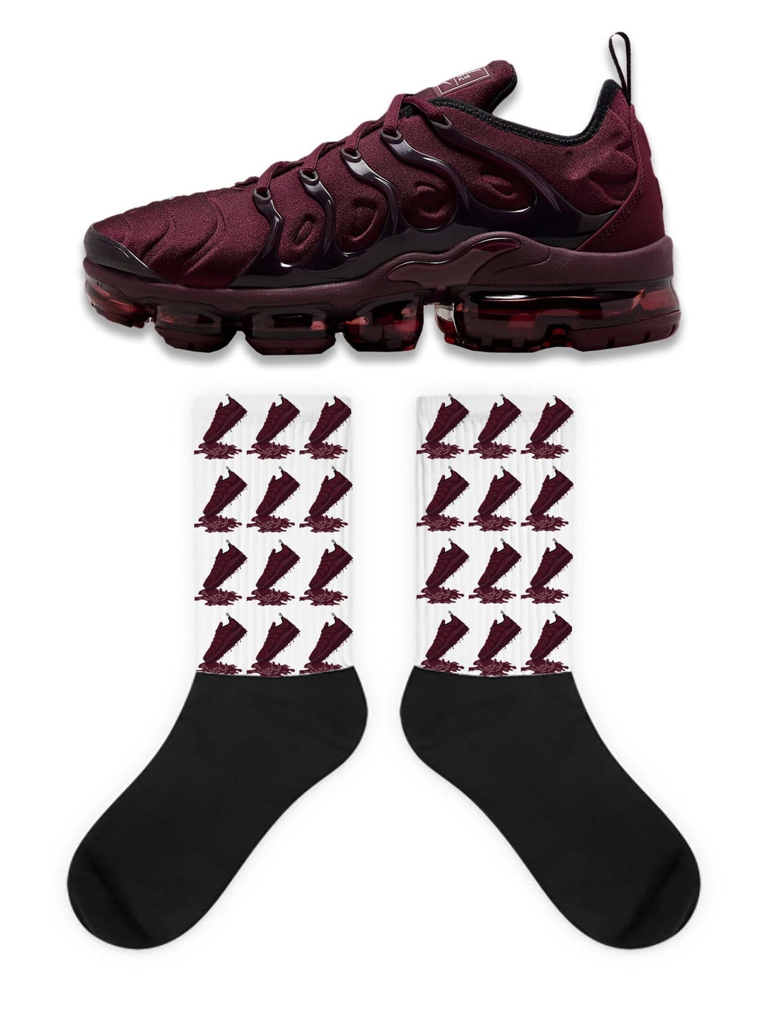Shoe Dripping Socks to Match Jordan Vapormax Plus Burgundy, Vapormax