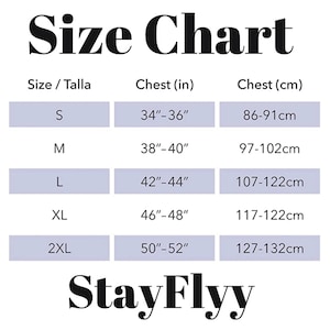May include: Size chart for clothing with measurements in inches and centimeters. Sizes include S, M, L, XL, and 2XL. Chest measurements are listed for each size.