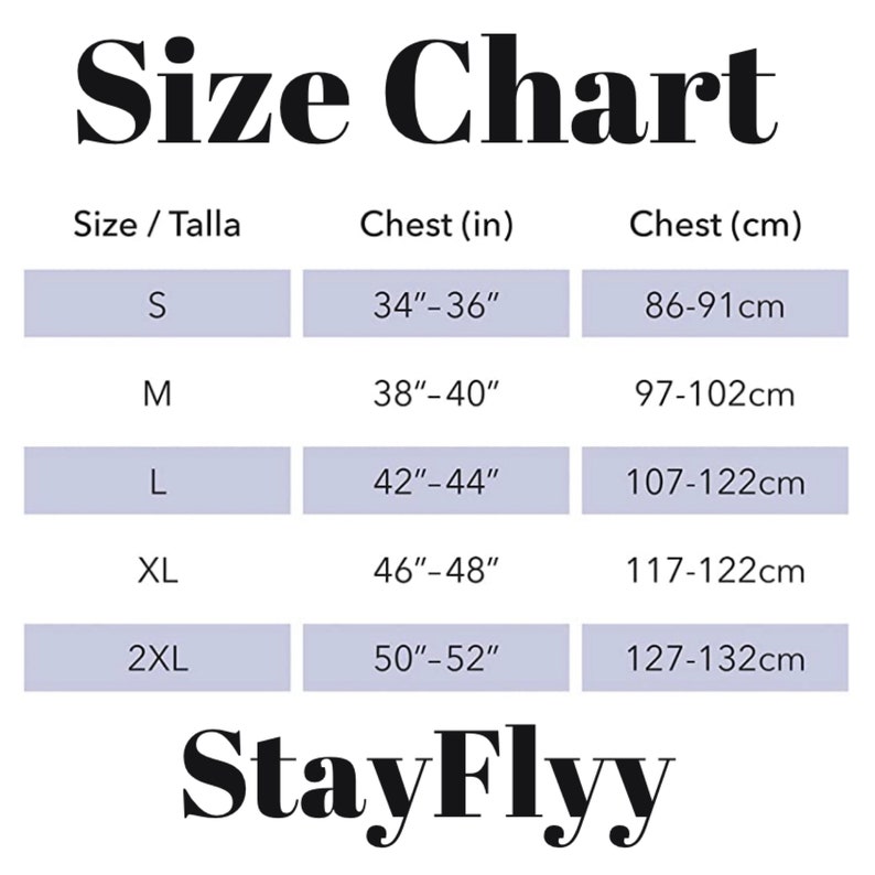 May include: Size chart for clothing with measurements in inches and centimeters. Sizes include S, M, L, XL, and 2XL. Chest measurements are listed for each size.