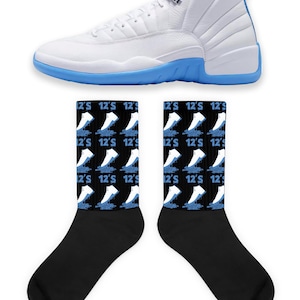 Shoe Dripping Socks to Match Jordan 12 White and University Blue Melo, Retro 12 White and University Blue Melo