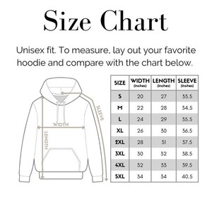 May include: Size chart for a unisex hoodie with measurements in inches for width, length, and sleeve length. Sizes range from S to 5XL.