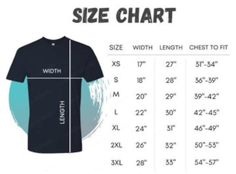 以下が含まれることがあります： Tシャツのサイズチャートで、幅、長さ、胸囲の寸法がインチで表示されています。サイズはXSから3XLまでです。
