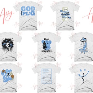 May include: Nine white t-shirts with different blue graphic designs. The designs include a bear, a basketball player, a smiley face, a shoe, a nutrition label, a woman's face, and text that says "God is the Plug" and "Blood Sweat Tears".