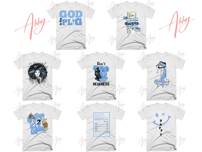 May include: Nine white t-shirts with different blue graphic designs. The designs include a bear, a basketball player, a smiley face, a shoe, a nutrition label, a woman's face, and text that says "God is the Plug" and "Blood Sweat Tears".