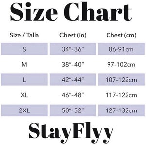 May include: Size chart for clothing with measurements in inches and centimetres. The chart shows sizes S, M, L, XL, and 2XL with corresponding chest measurements in inches and centimetres.