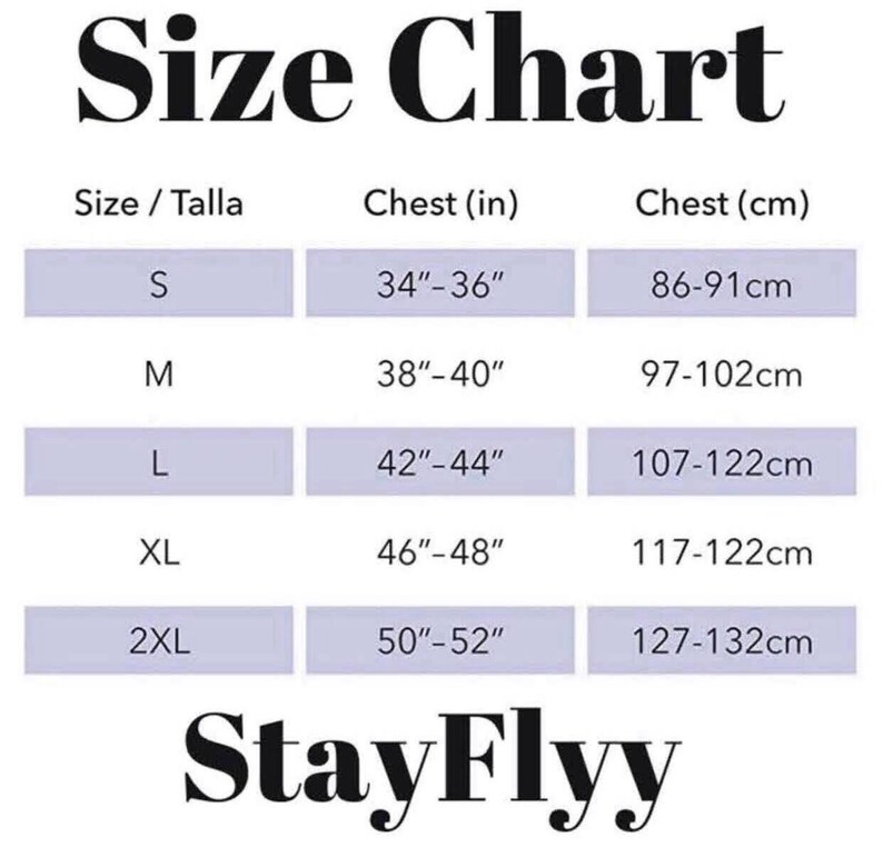 May include: Size chart for clothing with measurements in inches and centimetres. The chart shows sizes S, M, L, XL, and 2XL with corresponding chest measurements in inches and centimetres.