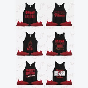 Puede incluir: Un conjunto de tres camisetas de tirantes negras con diferentes dise&ntilde;os gr&aacute;ficos rojos y un par de zapatillas rojas. Las camisetas de tirantes presentan el texto "Gucci Gang", "Sneaker Head Princess", "Can't Cheat The Grind", "Money 2 Burn" y "Money Talks".