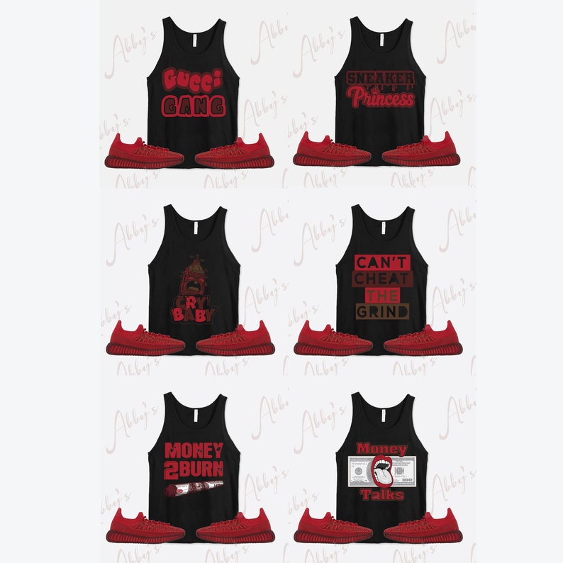 Puede incluir: Un conjunto de tres camisetas de tirantes negras con diferentes dise&ntilde;os gr&aacute;ficos rojos y un par de zapatillas rojas. Las camisetas de tirantes presentan el texto "Gucci Gang", "Sneaker Head Princess", "Can't Cheat The Grind", "Money 2 Burn" y "Money Talks".