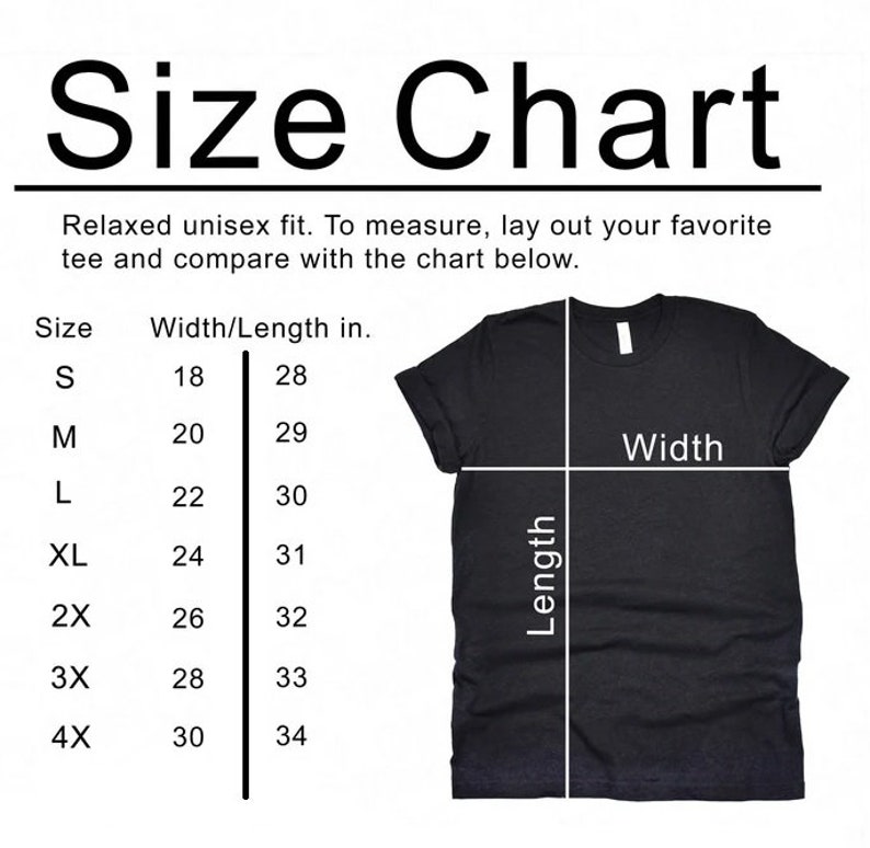 May include: A black t-shirt with a size chart. The chart shows measurements for sizes S to 4X, with widths from 45.7 to 76.2 cm and lengths from 71.1 to 86.4 cm. The text reads "Size Chart" at the top.