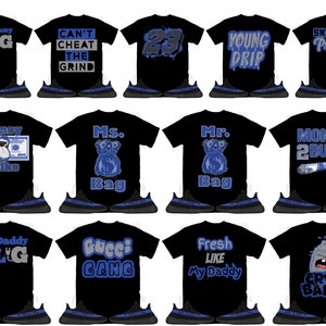 May include: A collage of 10 different t-shirt designs featuring various phrases and graphics, including "My Mommy is the PLG", "Can't Cheat the Grind", "Money Talks", "Ms. Bag", "Mr. Bag", "Money 2 Burn", "My Daddy is the PLG", "Gucci Gang", "Fresh Like My Daddy", and "Cry Baby". Each t-shirt is paired with a pair of black and blue sneakers.