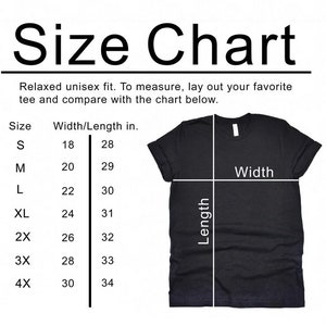 以下が含まれることがあります： インチで測定したユニセックスTシャツのサイズチャート。チャートは、S、M、L、XL、2X、3X、4Xのサイズにおけるシャツの幅と長さを示しています。
