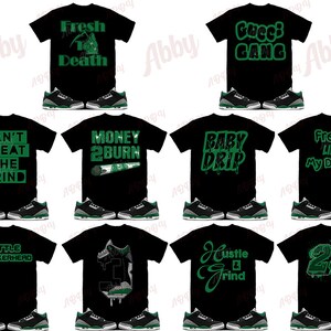 May include: Ten black t-shirts with green text and graphics. The shirts feature various designs, including "Fresh to Death", "Gucci Gang", "Can't Cheat the Grind", "Money 2 Burn", "Baby Drip", "Fresh Like My Daddy", "Little Sneakerhead", "Hustle Grind", and "23".