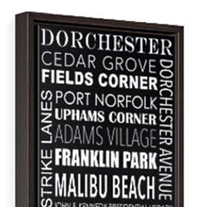 May include: Black and white typography art print with the names of places in Dorchester, Massachusetts. The print includes the names of parks, businesses, and landmarks. The text is arranged in a vertical column and includes the coordinates 42.3016° N, 71.0676°W.