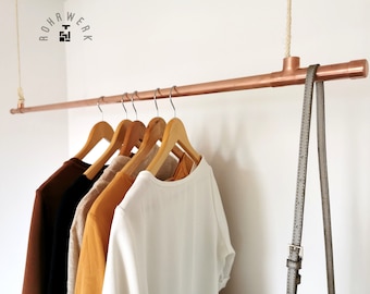 Clothes rail made of copper pipe with rope hanging industrial design copper hanging rail with rope industrial design