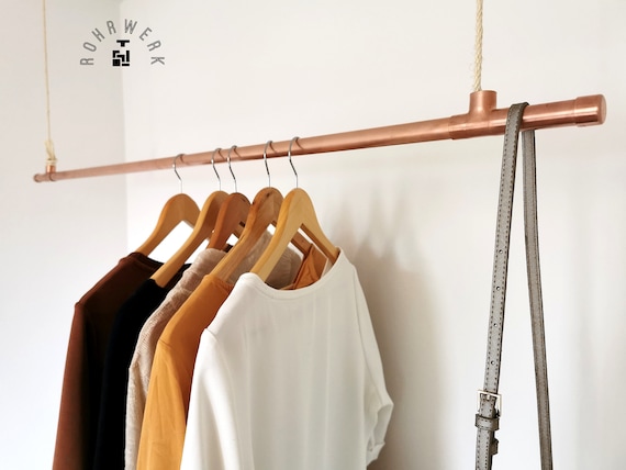 Clothes Rail Made of Copper Pipe With Rope, Hanging, Industrial Design  Copper Hanging Rail With Rope, Industrial Design 