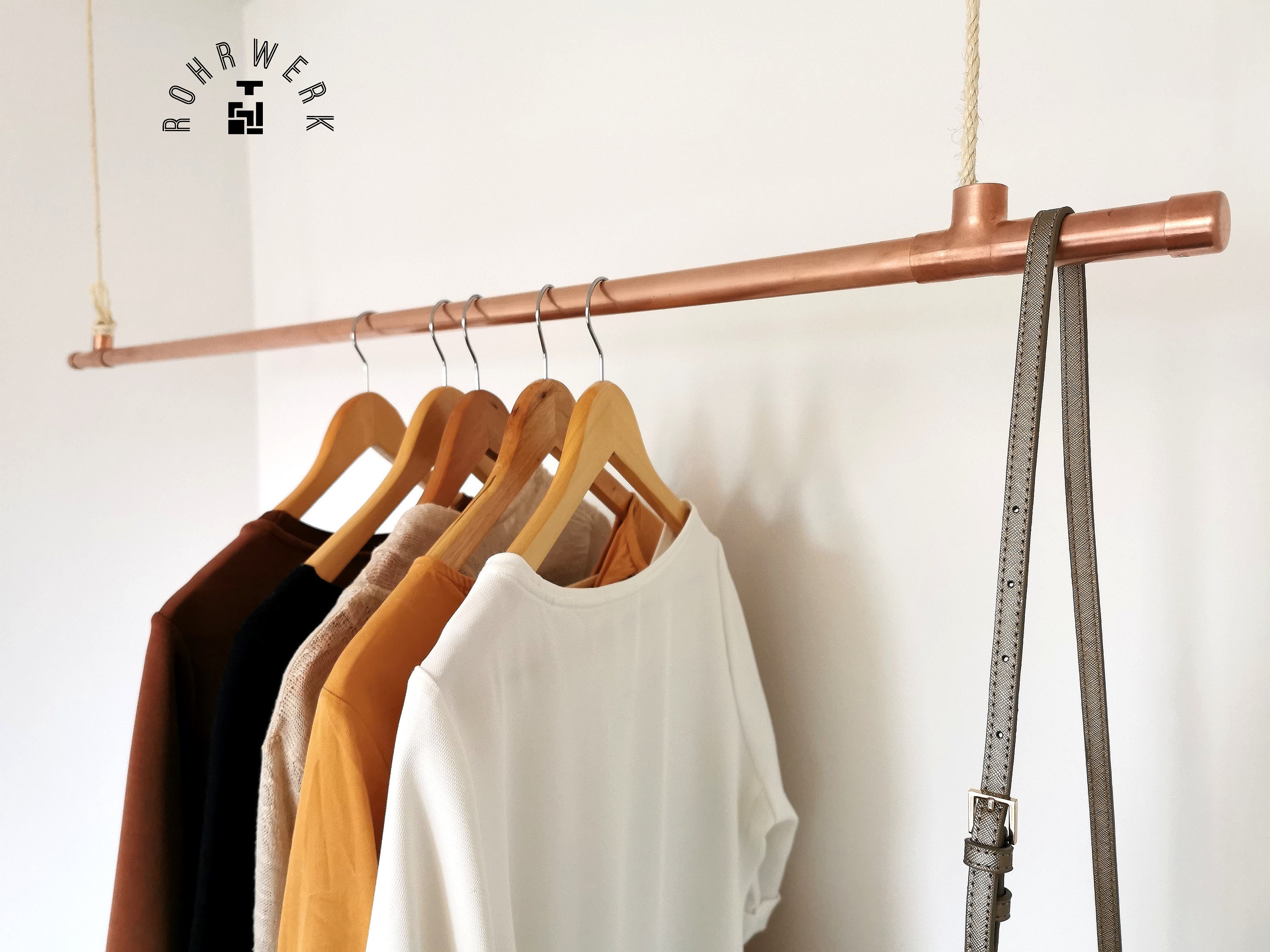 Clothes Rail Made of Copper Pipe With Rope, Hanging, Industrial Design  Copper Hanging Rail With Rope, Industrial Design 