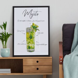 Menú de cócteles Mojito (impresión descargable con efecto acuarela y bolígrafo)