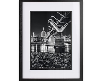 Millennium Bridge and St Paul's London Cathedral Photographic Black and White Print, Fine Wall Art Photography, Ideal Gift