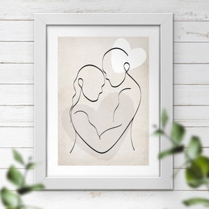 May include: A black and white line drawing of a couple embracing, with a heart shape behind them. The background is a light beige colour.