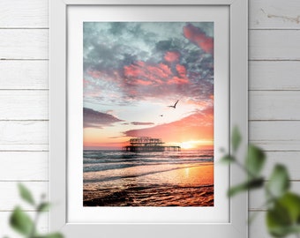 Brighton West Pier Sunset Photography: Dramatic Sky Beach Wall Art Print, Abandoned Landmark