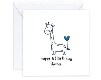 Personalised Happy 1st Birthday Card for Baby Boy - Giraffe Animal Birthday Card for First Birthday Card for Him - Send to recipient