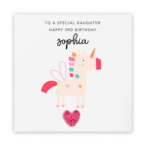 Gelukkige 3e verjaardag voor een speciale dochter, gepersonaliseerde dochters derde verjaardagskaart, Unicorn eerste verjaardag, voor dochter, voor haar