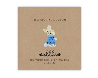 Christening Card For Godson,  Personalised Baptism Card, Baptism Card For Son, Grandson Godson, Baptism Card, Personalised Card, Rabbit