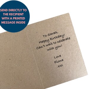 May include: A brown card with a handwritten message inside. The message reads "To Sarah, Happy birthday! Can't wait to celebrate with you! Love Fiona XXX".