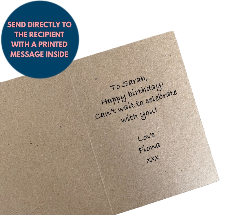 May include: A brown card with a handwritten message inside. The message reads "To Sarah, Happy birthday! Can't wait to celebrate with you! Love Fiona XXX".
