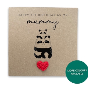 Feliz primer cumpleaños para mi mamá: tarjeta de cumpleaños sencilla con forma de panda para mamá, de parte de su bebé, su hija y su hijo. Tarjeta hecha a mano para ella. Enviar al destinatario