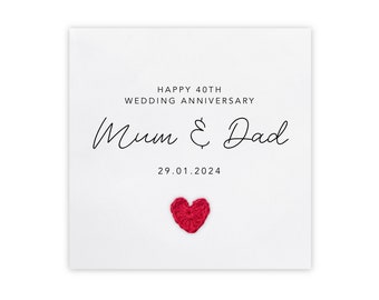 Tarjeta de aniversario de bodas número 40 personalizada y hecha a mano con rubí. Tarjeta de aniversario para mamá y papá. Aniversario de rubí. 40 aniversario de bodas.