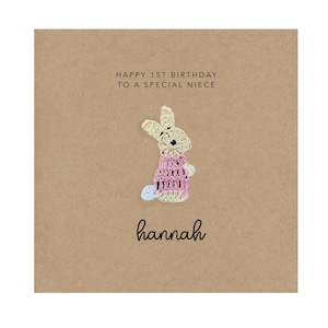 A una nipote speciale, buon 1° compleanno, biglietto personalizzato per il primo compleanno della nipote, coniglietto, rosa, biglietto di primo compleanno per bambino