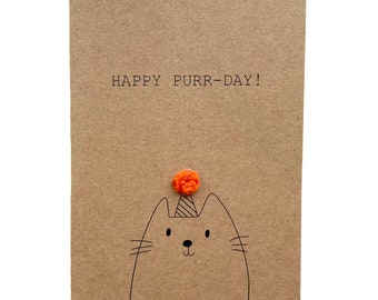 Funny Cat Birthday Pun Card - Happy Purr-Day - Cat Birthday handmade Lover - Card for her - Send to recipient - Message inside