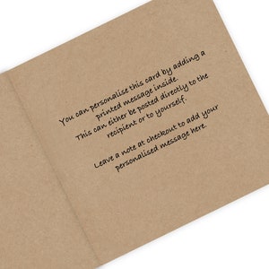 May include: A brown card with a message explaining how to personalize the card by adding a printed message inside. The message can be posted directly to the recipient or to yourself. Leave a note at checkout to add your personalized message here.