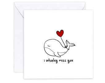 Puede incluir: Una ballena blanca con un ojo cerrado sosteniendo un globo rojo en forma de corazón. El texto "i whaley miss you" está debajo de la ballena.