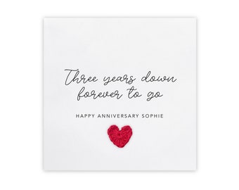 3rd Third wedding Anniversary, Card for Husband Wife, Three years down forever to go, Personalised Anniversary, 3rd Anniversary