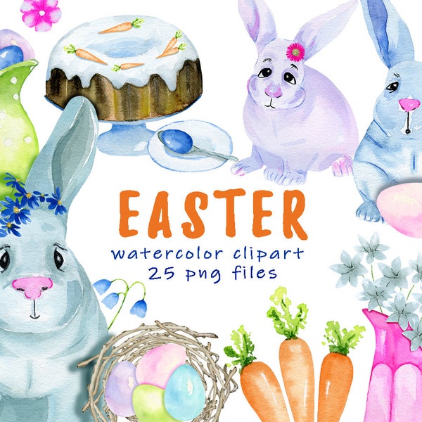 Easter Watercolor Clipart, Digital Easter Rabbits, hand-painted Clip Art, water color Spring set. Cute card or invitation DIY, printable png