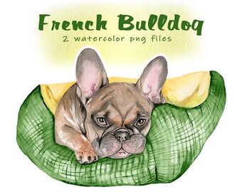 Watercolor dog clipart, water color French bulldog clip art, puppy in the dog bed print, pet parent gift card DIY, dog mama,  printable png