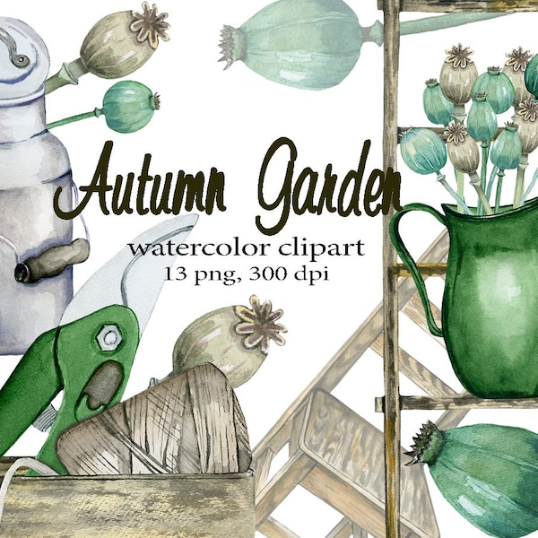 Watercolor Autumn garden clipart. Water color Fall Garden arrangements. Poppy seed heads, garden tools and furnitures, printable png files