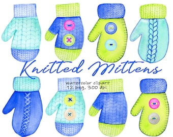 Watercolor Winter digital clip art Knitted Mittens, New Year graphics png files. Hand drawn water color Christmas decor amazing clipart.