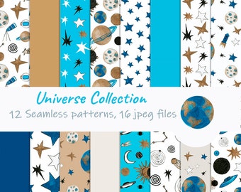 Cosmos digital paper set. Seamless patterns, digital backgrounds. Printable scrapbooking paper, planets, stars, universe, spaceship jpeg