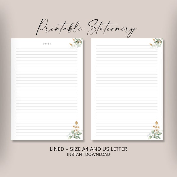 Printable lined paper, Printable Stationery, Printable notepad, A4 and US letter