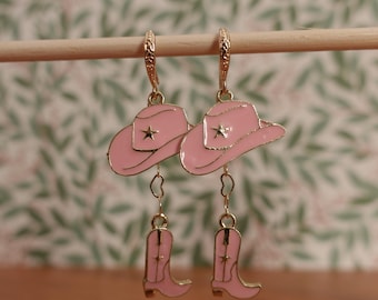 Pink Cowboy Hat & Boot Dangle Earrings – Western Cowgirl Charm Jewelry