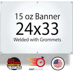 Może przedstawiać: Biały baner 15 oz z tekstem "24x33" i "Spawany z oczkami".