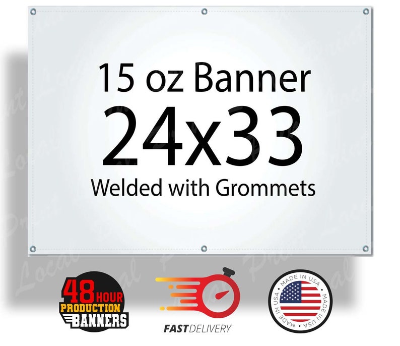 Może przedstawiać: Biały baner 15 oz z tekstem "24x33" i "Spawany z oczkami".