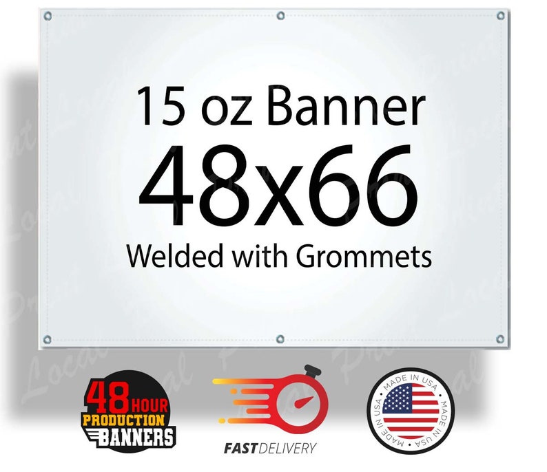 Może przedstawiać: Biały baner 15 oz z tekstem "48x66" i "Spawany z oczkami".