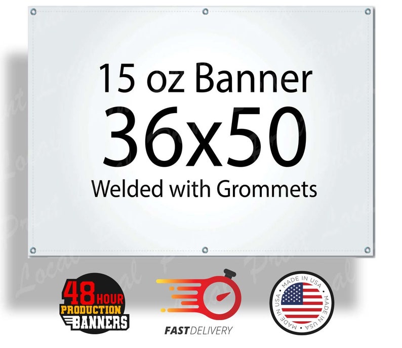 Może przedstawiać: Biały baner z tekstem "15 oz Banner 36x50 Welded with Grommets".