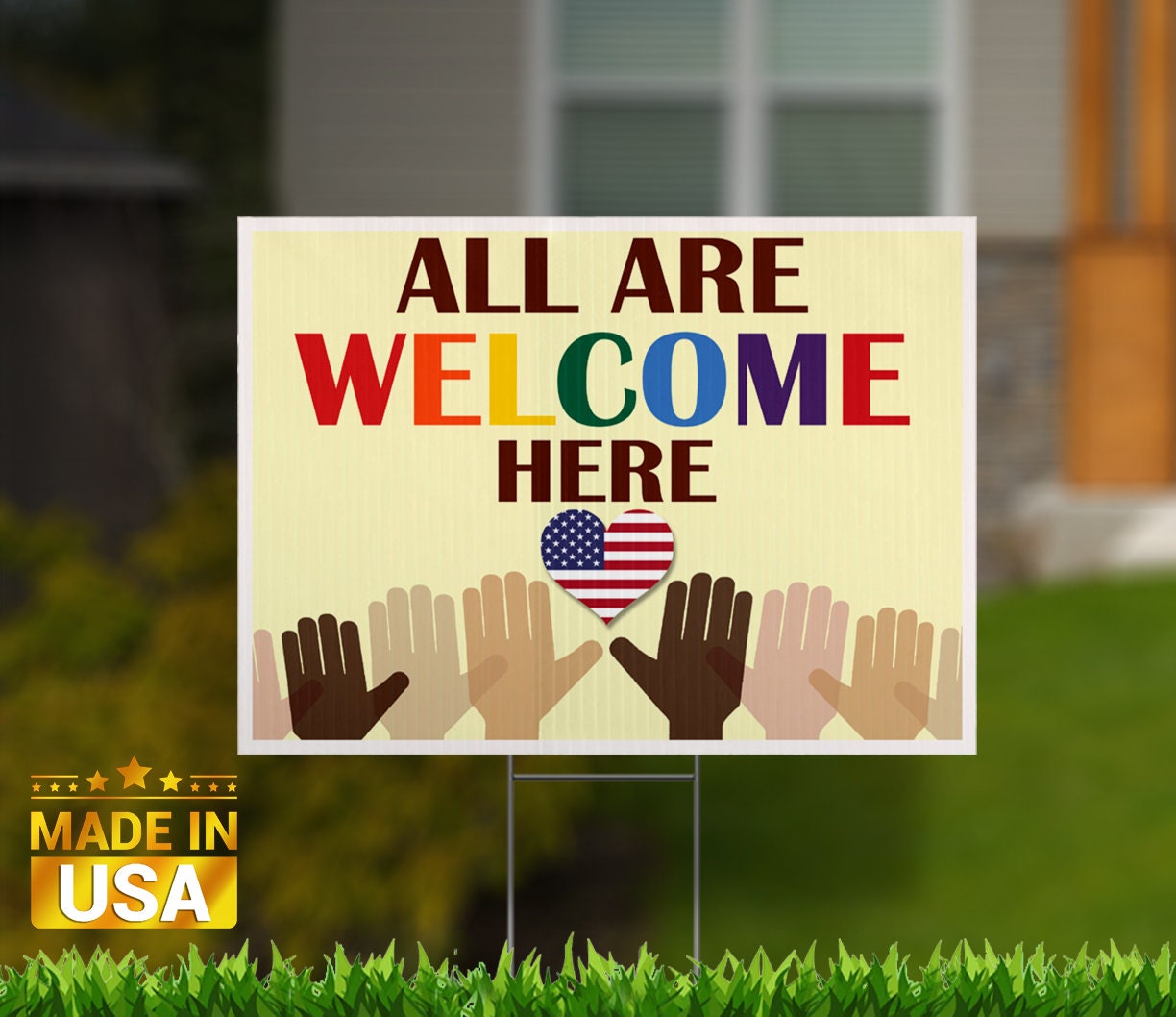 All Are Welcome Here Multi Color Fists Heart Shape For Us Flag Etsy