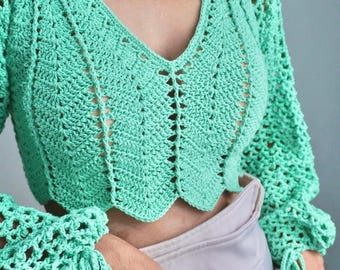 Crochet Crop Top Pattern, Long Sleeve Crochet Top, Lace Crochet Top, Boho Summer Top, Festival Crochet Pattern, PDF | Meribella Top